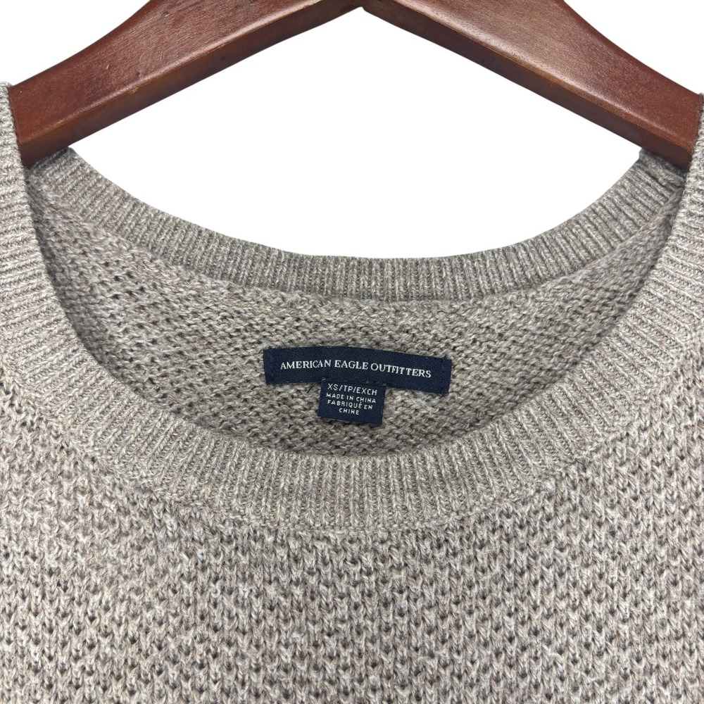 American Eagle Sweater Womens XS Cable Open Knit Cotton Wool Blend Taupe Boho - Picture 2 of 8